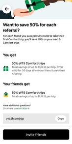 Taxi Uber Comfort 50% kortingscode 5 ritten, Kortingsbon