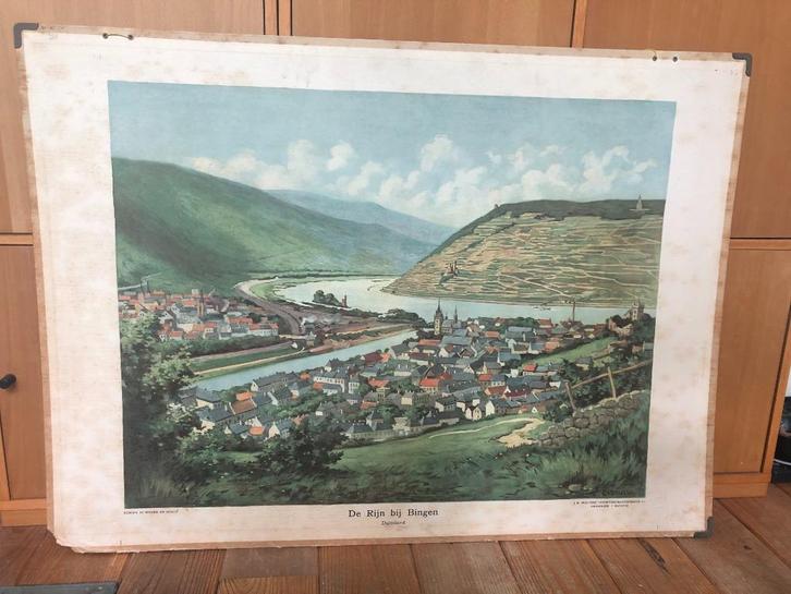 schoolplaat "De Rijn bij Bingen", Antiek en Kunst, Antiek | Schoolplaten, Aardrijkskunde, Ophalen of Verzenden