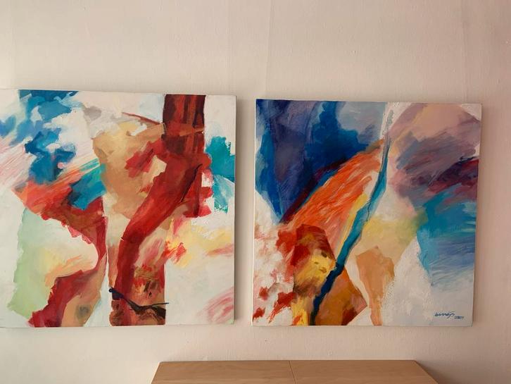 Tweeluik 'Sunny' 2x 70 cm x 70 cm van Wim Meijs, Antiek en Kunst, Kunst | Schilderijen | Abstract, Ophalen of Verzenden