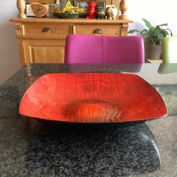 Schaal, metaal, emaille, rood, oranje, handgemaakt, vintage beschikbaar voor biedingen