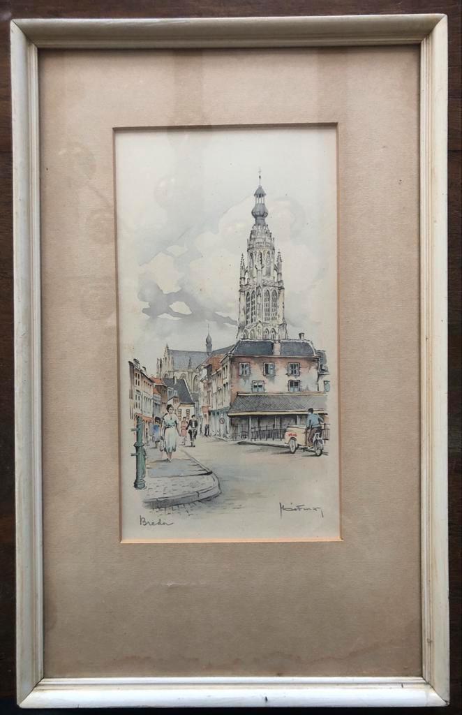 Aquarel van de Grote Kerk in Breda, Antiek en Kunst, Kunst | Schilderijen | Klassiek, Ophalen of Verzenden