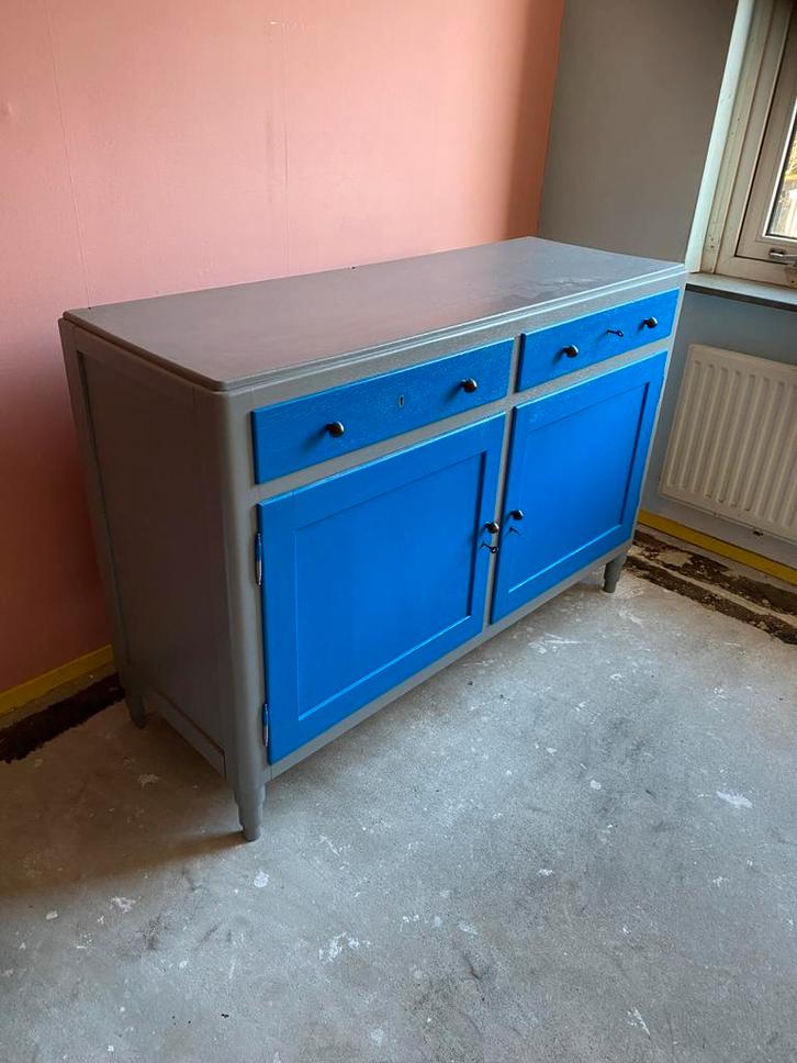 Massief eikenhouten dressoir, 1930, grijs/blauw geschilderd, Huis en Inrichting, Kasten | Dressoirs, Gebruikt, 100 tot 150 cm
