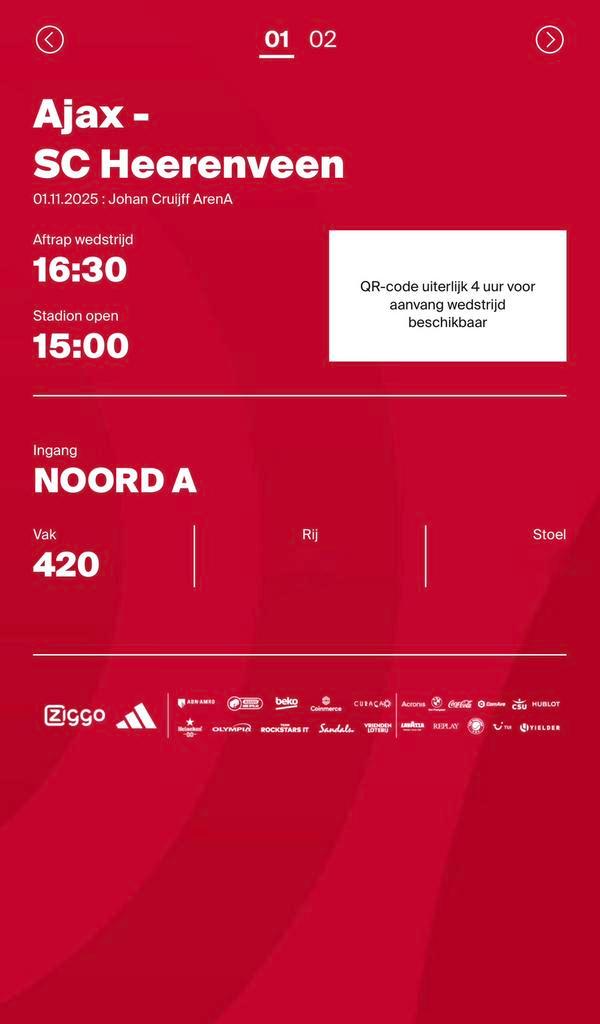 2 Tickets Ajax - Heerenveen, Tickets en Kaartjes, Sport | Voetbal, Twee personen, November, Losse kaart