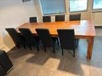 Teak tafel , 300x110 8 zwart leren , lederen stoelen, 4 tot 6 stoelen, Zo goed als nieuw, Ophalen