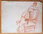 A493-31 Oude tekening vrouw knielend op stoel + stadgezicht, Ophalen of Verzenden