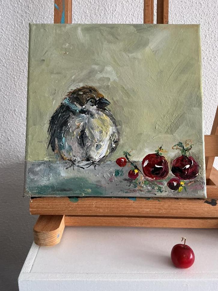 Mus ~ vogeltje ~ kleintje kunst ~ atelier, Huis en Inrichting, Woonaccessoires | Schilderijen, Tekeningen en Foto's, Nieuw, Schilderij