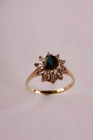 Vintage ring goud 14kt saffier briljant maat 17 3/4 beschikbaar voor biedingen