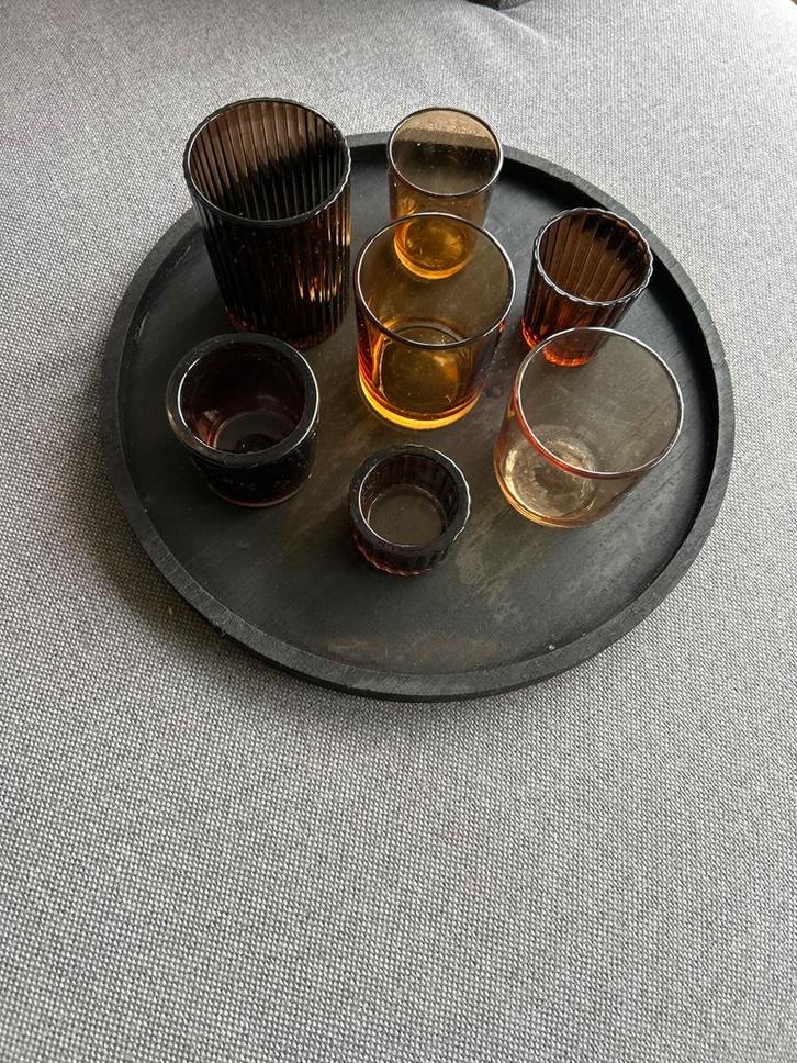 Set van kaarshouders op dienblad, Huis en Inrichting, Keuken | Servies, Zo goed als nieuw, Glas of Glazen, Overige stijlen, Glas