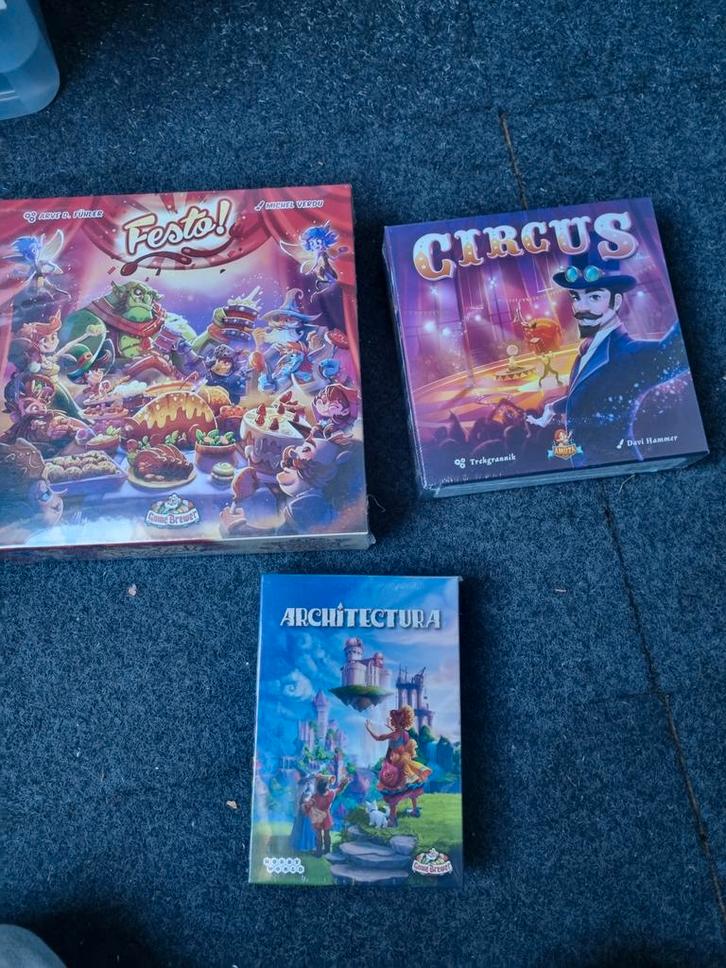 Bordspellen bundel: Festo!, Circus, Architectura (sealed), Hobby en Vrije tijd, Gezelschapsspellen | Bordspellen, Zo goed als nieuw