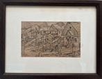 Houtskool tekening Italiaans bergdorp, Kalus1, mid 20e eeuw, Antiek en Kunst, Kunst | Tekeningen en Foto's, Ophalen of Verzenden