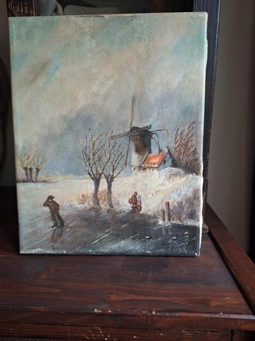 Oud Olieverf Schilderijtje/Schilderij/Wintertafereel beschikbaar voor biedingen