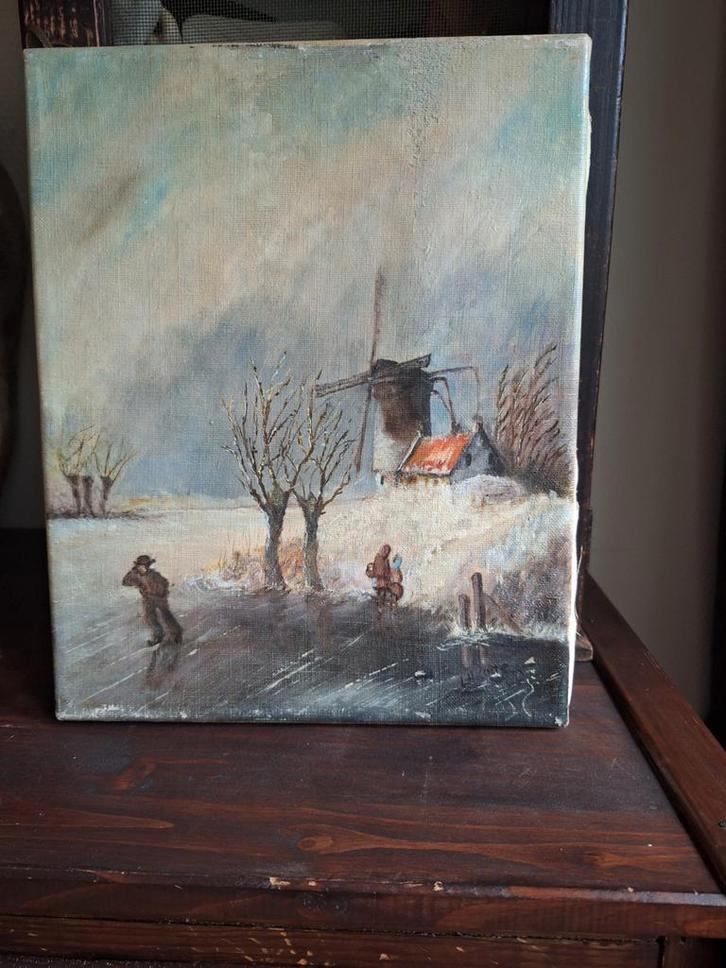 Oud Olieverf Schilderijtje/Schilderij/Wintertafereel, Antiek en Kunst, Curiosa en Brocante, Ophalen of Verzenden