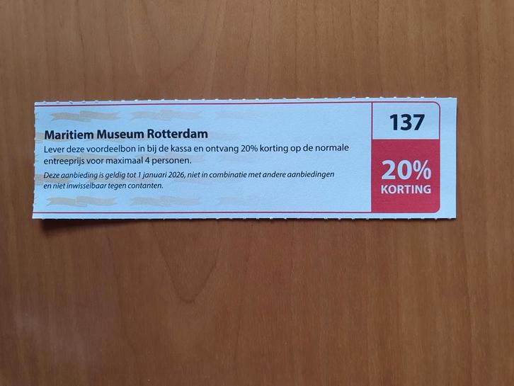 Maritiem Museum Rotterdam 20% korting maximaal 4 personen, Tickets en Kaartjes, Musea, Drie personen of meer, Kortingskaart