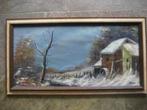 SNEEUWLANDSCHAP Oliev. op linnen in lijst 68x37 cm gesign., Antiek en Kunst, Ophalen of Verzenden