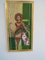 Olieverfschilderij:  gestileerde vrouw met poes, Antiek en Kunst, Ophalen