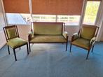 Antieke bank stoel en relaxstoel groen stof mooi ingelegd, Ophalen