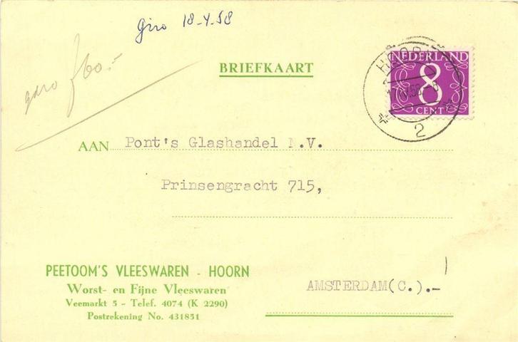 Peetoom Vleeswaren - Hoorn - 04.1958 - briefkaart, Postzegels en Munten, Brieven en Enveloppen | Nederland, Envelop, Ophalen of Verzenden