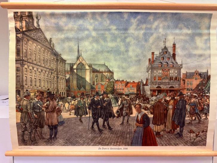 Historische schoolplaat Dam Amsterdam 1666, Antiek en Kunst, Antiek | Schoolplaten, Geschiedenis, Ophalen of Verzenden