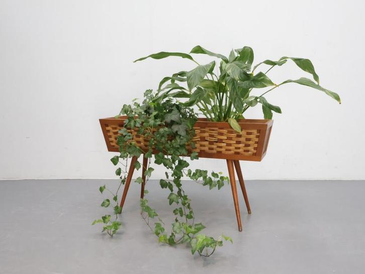 Vintage plantenbak | Teak | Rotan, Tuin en Terras, Bloembakken en Plantenbakken, Gebruikt, Hout, Binnen, Minder dan 30 cm, 60 tot 100 cm