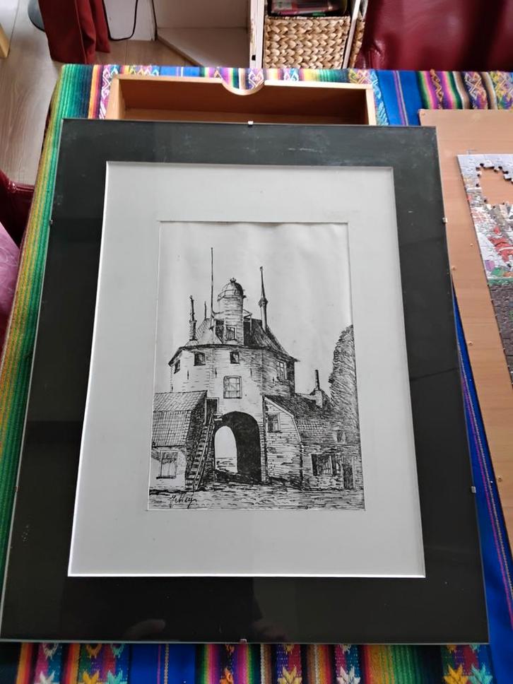 Gesigneerde tekening Vischpoort Harderwijk, ingelijst, Antiek en Kunst, Kunst | Tekeningen en Foto's, Ophalen of Verzenden