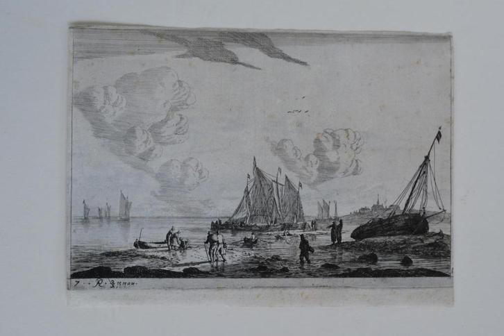 REINIER NOOMS ZEEMAN ETS STRAND VISSERSBOTEN + Tekening K23A, Antiek en Kunst, Kunst | Etsen en Gravures, Verzenden