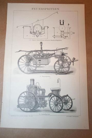 Antieke prent - Brandweerspuiten e.d. - Circa 1885 !! beschikbaar voor biedingen