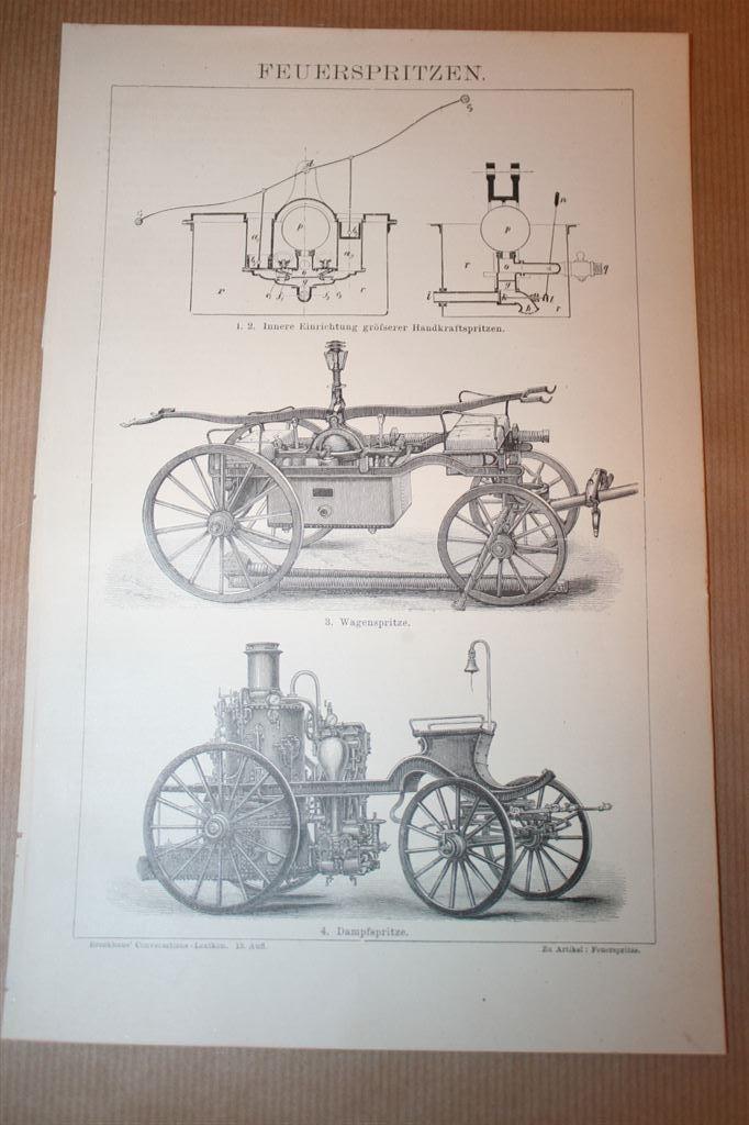 Antieke prent - Brandweerspuiten e.d. - Circa 1885 !!, Verzamelen, Foto's en Prenten, Gebruikt, Overige onderwerpen, Voor 1940