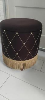 Vintage poef donkerbruin stof franjes, Hout, Minder dan 50 cm, Gebruikt, Rond
