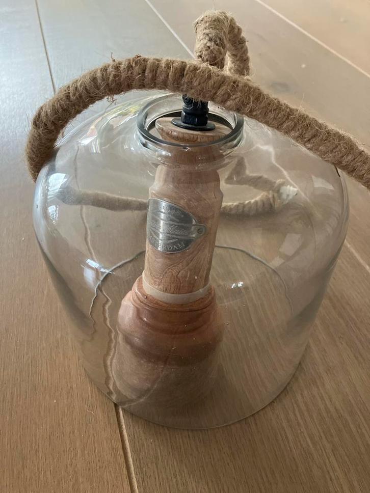Riviera Maison glazen lamp met hout, Huis en Inrichting, Lampen | Hanglampen, Gebruikt, Minder dan 50 cm, Glas, Ophalen