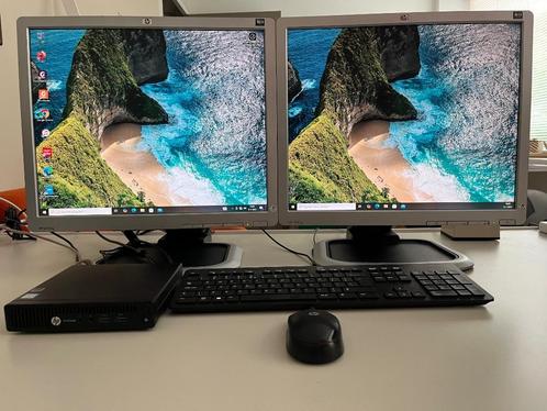 HP PRODESK 400 mini met 2 beeldschermen, Computers en Software, Desktop Pc's, Zo goed als nieuw, 2 tot 3 Ghz, SSD, 8 GB, Met videokaart