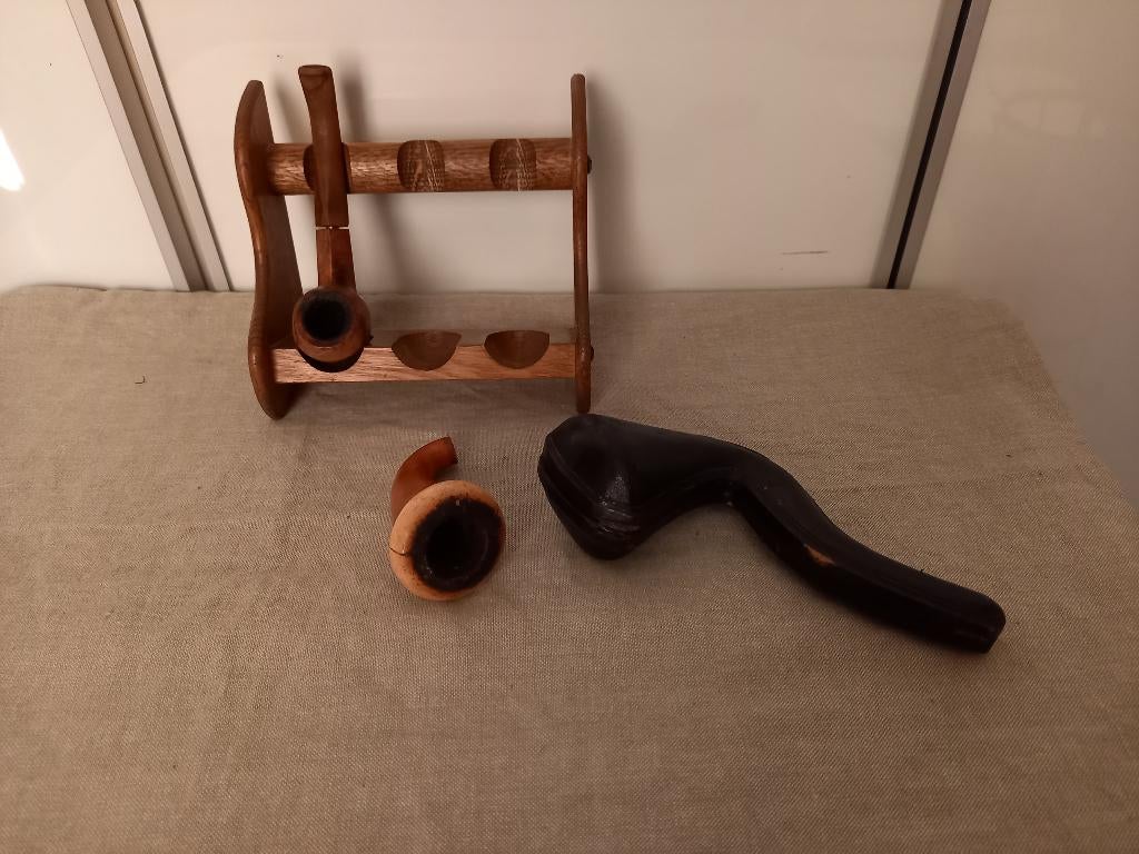 Oud Houten Pijpenrek / Pijprek met 1 Pijp en Pijpetui, Ophalen of Verzenden, Gebruikt, (Water)pijp