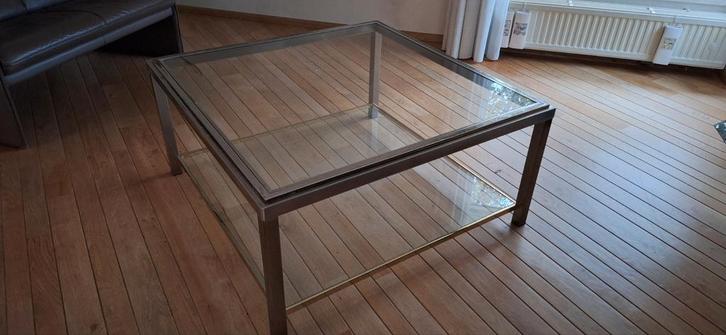 Glazen Salontafel met Messing Onderstel - Vierkant, Huis en Inrichting, Tafels | Salontafels, Gebruikt, 50 tot 75 cm, 100 tot 150 cm