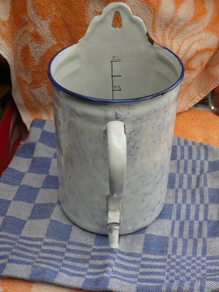 emaille lavement/ blauw geaderd emaille kan, Antiek en Kunst, Antiek | Emaille, Ophalen of Verzenden