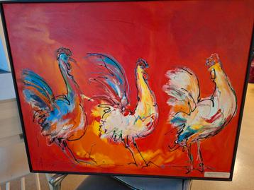 Schilderij met 3 Vrolijke Kippen - 102x82cm beschikbaar voor biedingen
