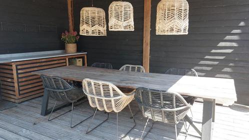 Tuinset – Douglas houten tafel + 6 bamboe/rotan stoe, Tuin en Terras, Tuinsets en Loungesets, Gebruikt, Ophalen