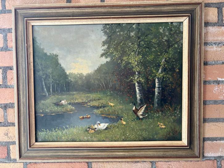 Klassiek Schilderij Eendenlandschap gemerkt Reiter, Antiek en Kunst, Kunst | Schilderijen | Klassiek, Ophalen of Verzenden