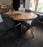Ronde mangohouten eettafel met zwart metalen spinpoot, Huis en Inrichting, Tafels | Eettafels, Ophalen, Rond, Zo goed als nieuw