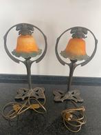 2 brocante jaren 60 bronzen tafellampjes schemerlamp, Gebruikt, Ophalen of Verzenden, Glas, Minder dan 50 cm