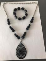 Vintage 1 hals ketting en armband met kralen, Ophalen of Verzenden, Zo goed als nieuw, Zwart, Overige materialen