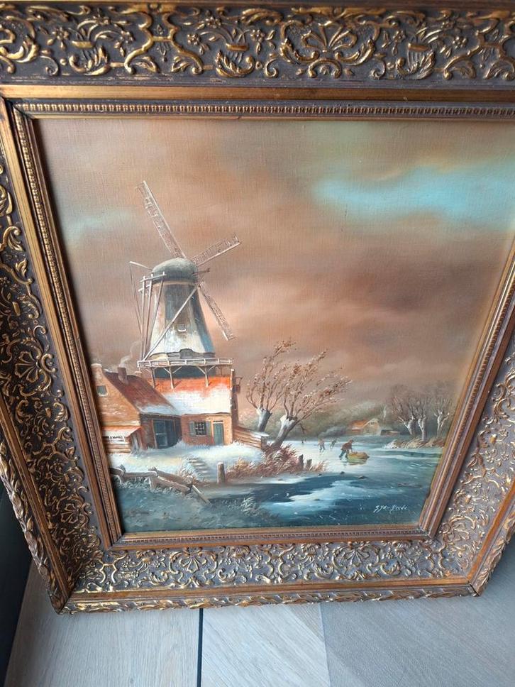 Schilderij: Molen in winterlandschap, Antiek en Kunst, Kunst | Schilderijen | Klassiek, Ophalen of Verzenden