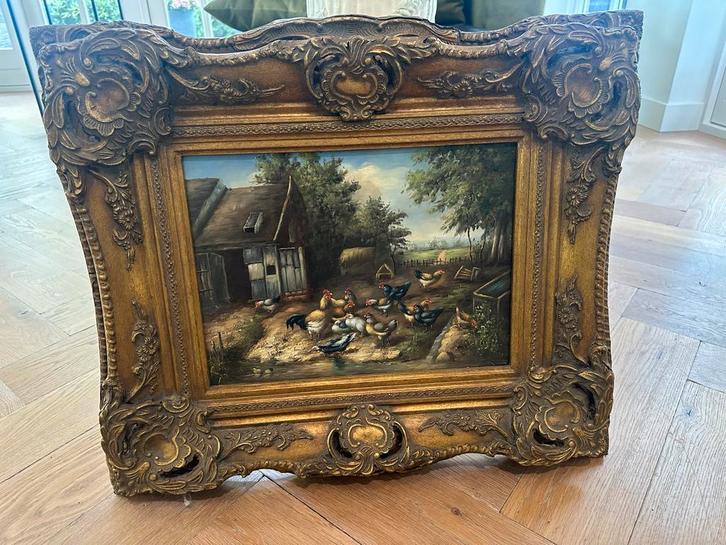 Klassiek schilderij boerderij met kippen in gouden lijst, Antiek en Kunst, Kunst | Schilderijen | Klassiek, Ophalen