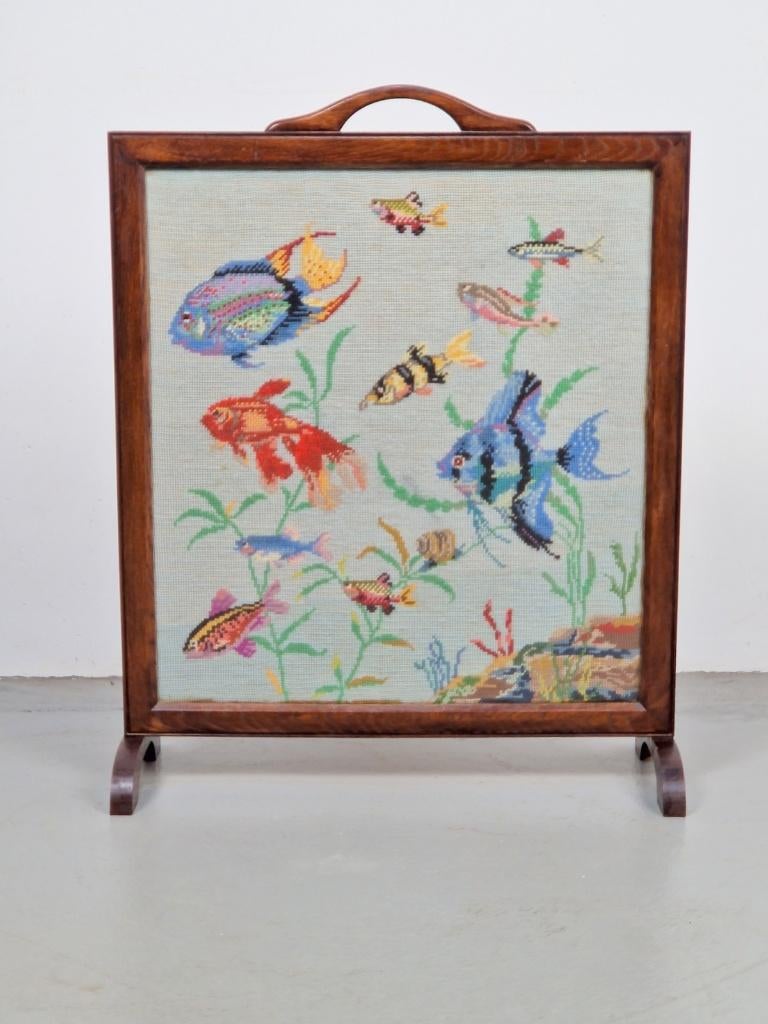 Vintage vuurscherm glas Openhaardscherm '60 vissen art uniek, Huis en Inrichting, Haarden, N, Ophalen of Verzenden, N, Houthaard