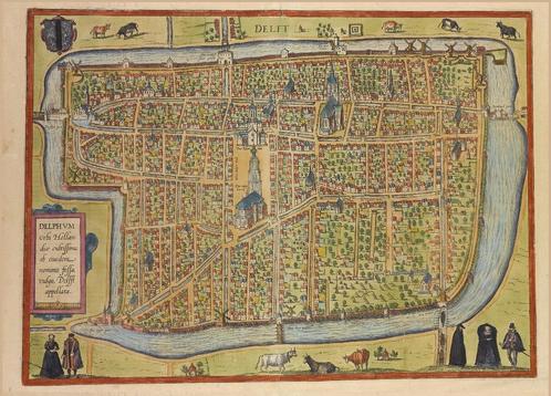 Grote antieke landkaart plattegrond van Delft POSTERFORMAAT!, Boeken, Atlassen en Landkaarten, Zo goed als nieuw, Landkaart, Wereld