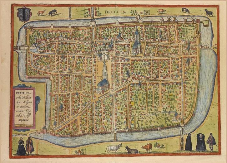 Grote antieke landkaart plattegrond van Delft POSTERFORMAAT!, Boeken, Atlassen en Landkaarten, Zo goed als nieuw, Landkaart, Wereld