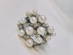 Massieve gouden ring met parels en diamanten, certificaat AL, Met edelsteen, Ophalen of Verzenden, Dame, Goud