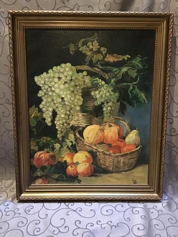 Geschilderd stilleven met fruit in brocante lijst 59x49 cm beschikbaar voor biedingen