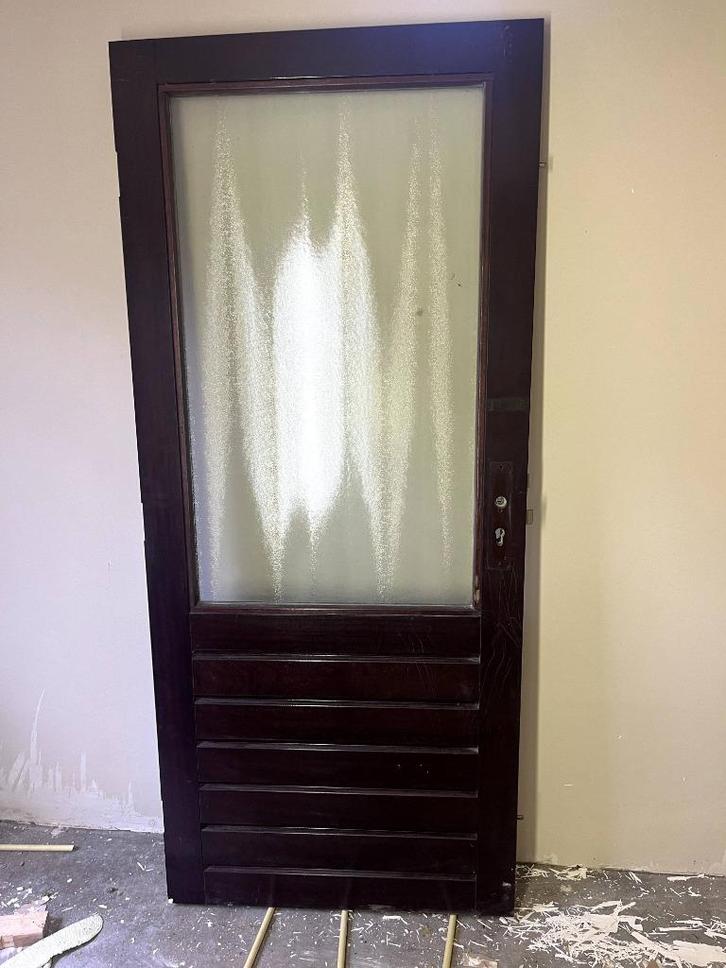 Buitendeur Mahonie met glas, Doe-het-zelf en Verbouw, Deuren en Horren, Gebruikt, Buitendeur, 200 tot 215 cm, 80 tot 100 cm, Glas