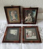 4 Oude prentjes in antieke mahonie lijstjes, Ophalen of Verzenden