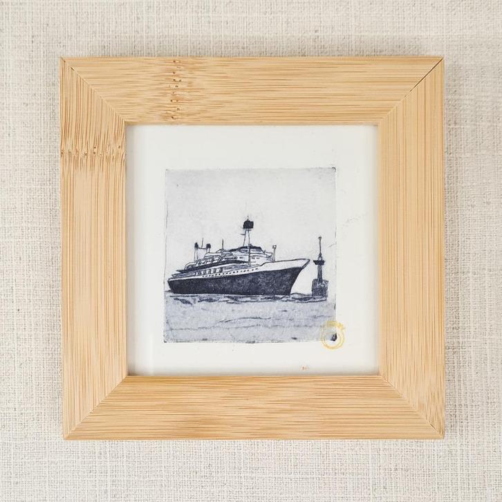 Ets SS Rotterdam 10x10 cm, bamboe lijst, handgemaakt, Huis en Inrichting, Woonaccessoires | Schilderijen, Tekeningen en Foto's