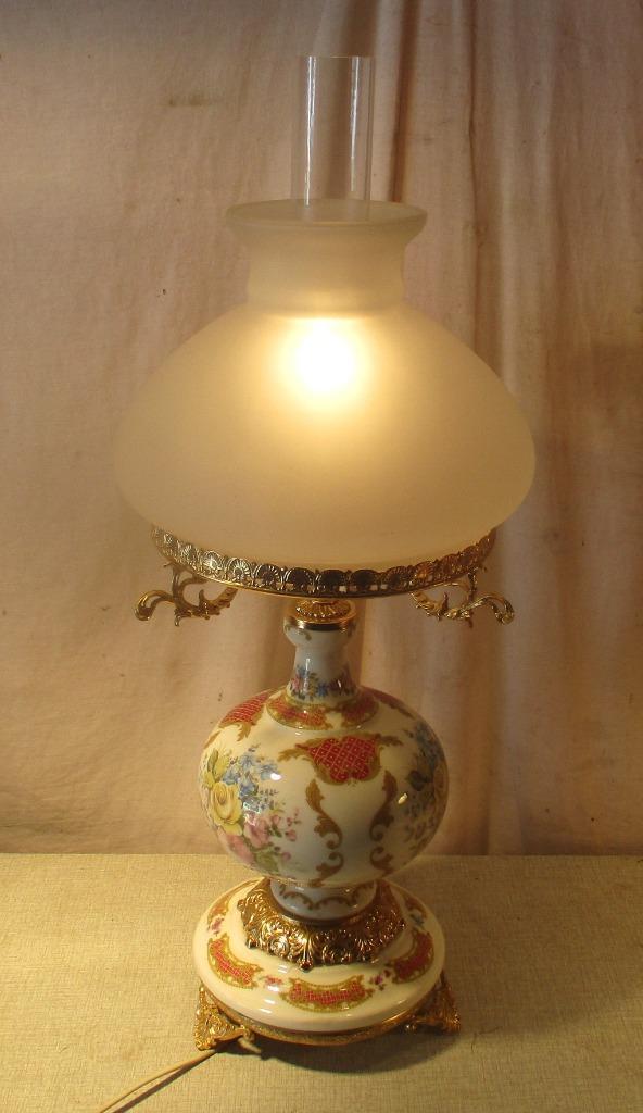 Prachtige Antieke Tafellamp in porselein en glas - 70cm, Antiek en Kunst, Antiek | Lampen, Ophalen of Verzenden